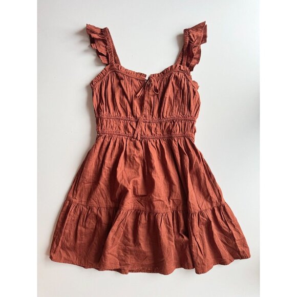 GAP Flutter Sleeve Cinch Waist Copper Beach Brown Cotton Mini Dress, Size S - Picture 7 of 13